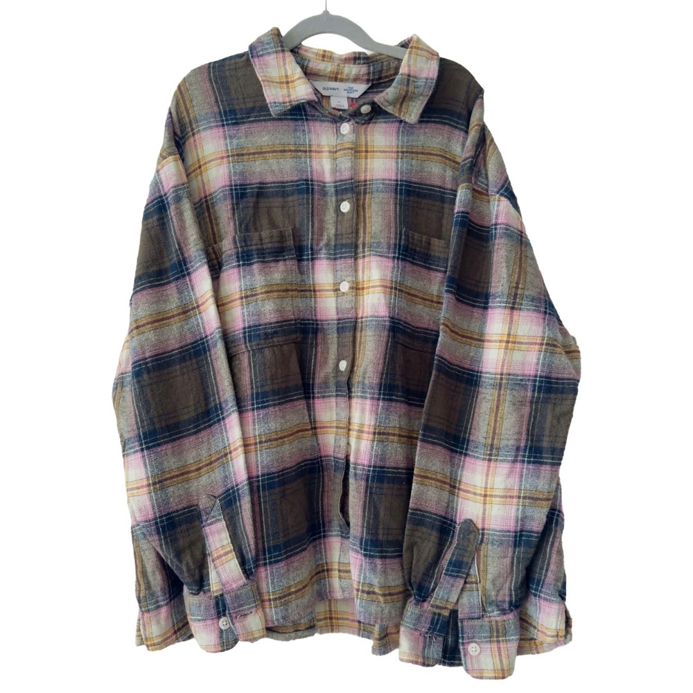 Old Navy Women Size XL Boyfriend Shirt Flannel Plaid Green Pink Long Sleeve Chic